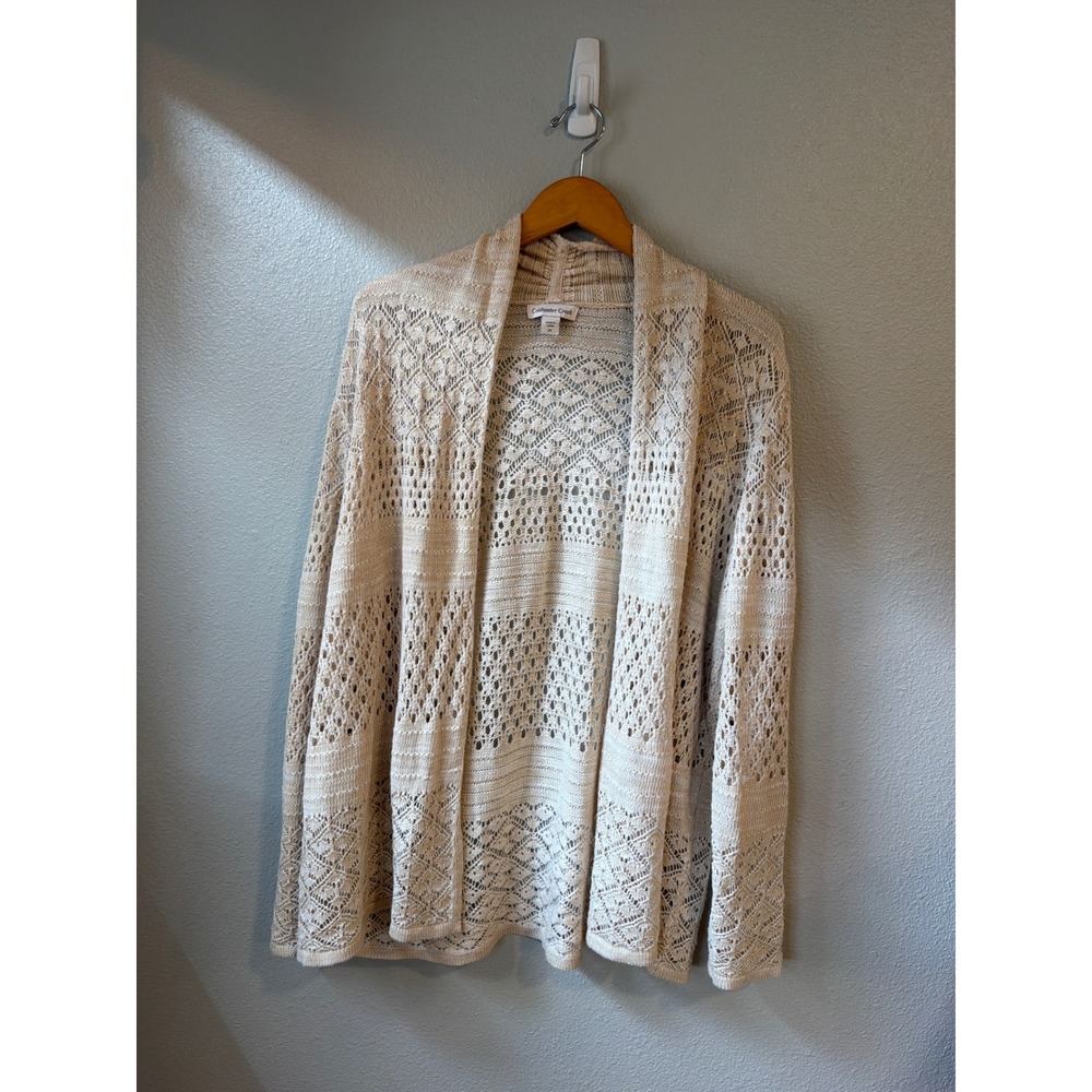 Coldwater Creek Cardigan Women 2X Beige Pointelle Open Front Knit Ramie Blend